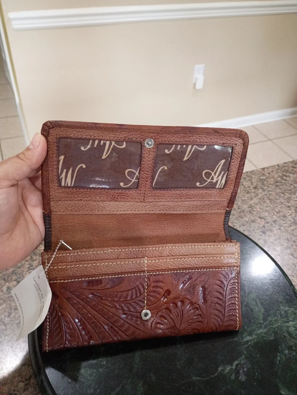 American West Handcrafted Brown Leather Clutch with Red Rose Embroidery